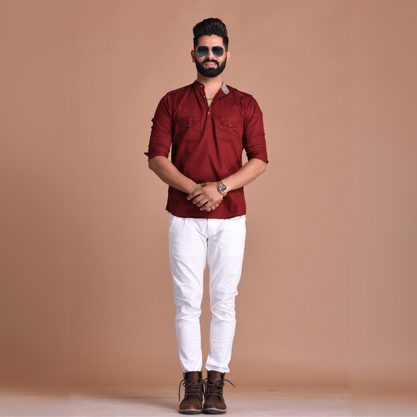 Red Color Pure Cotton Fabric Hunting Style Short Kurta