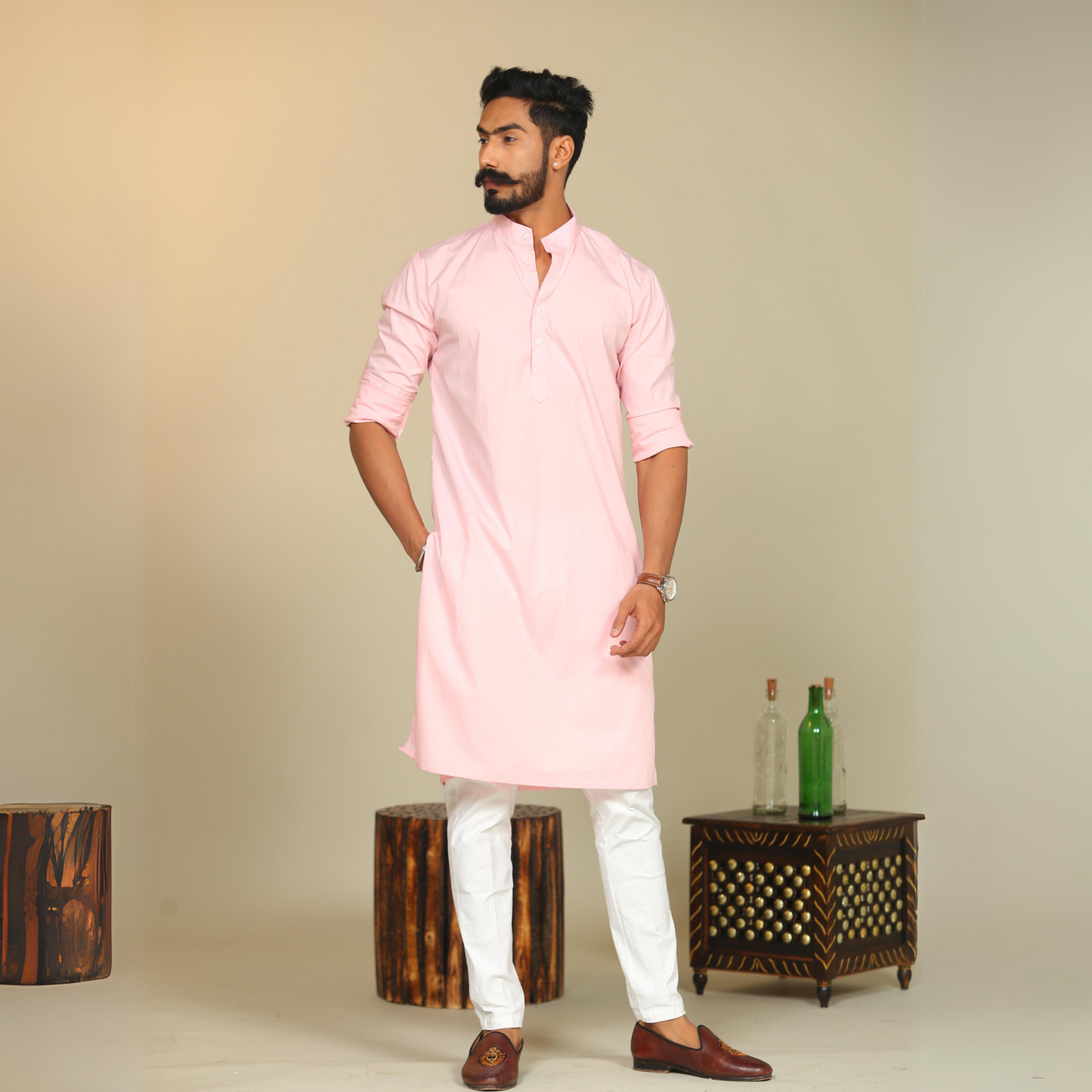 Solid Light Pink Kurta Pajama Set