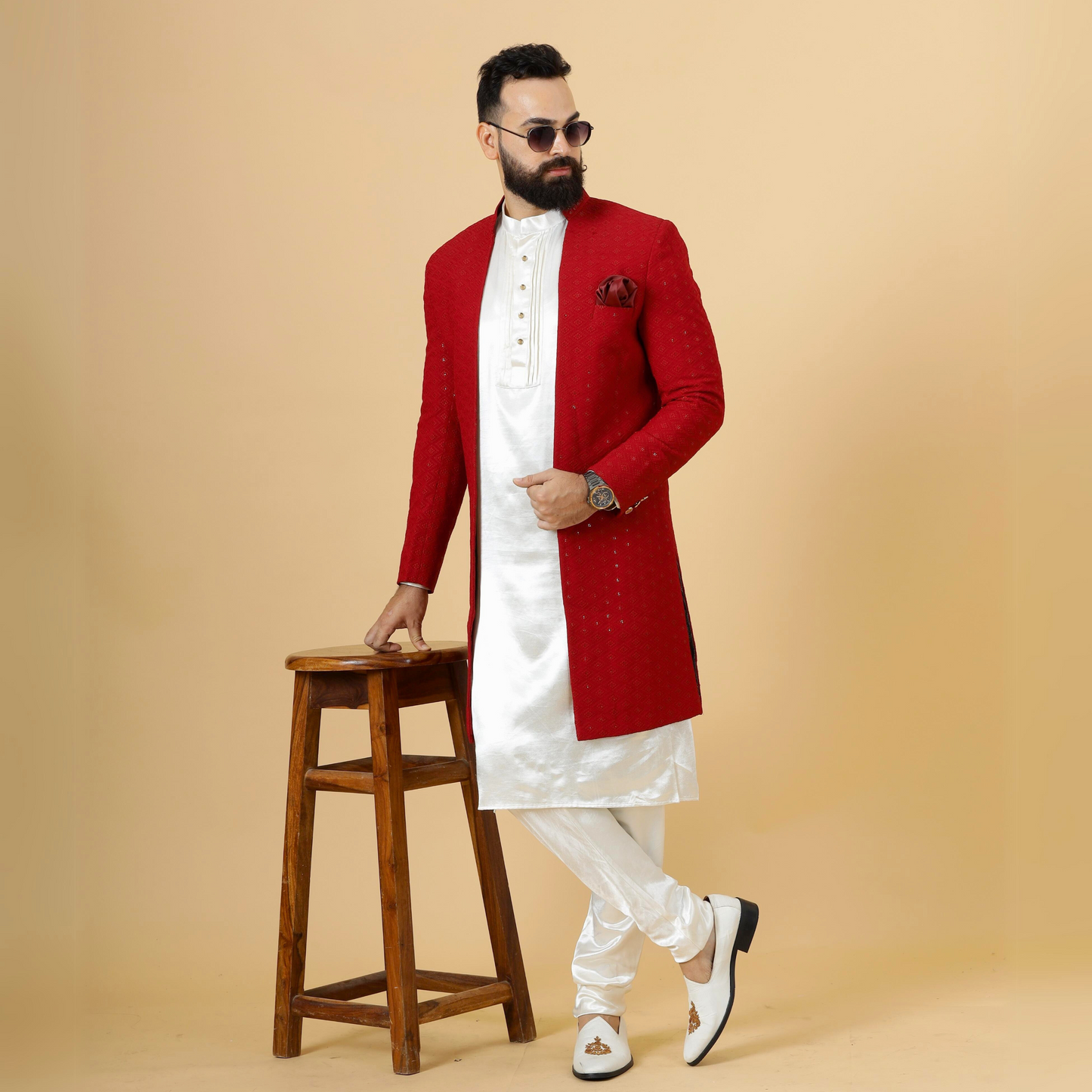 Stunning Red Chikankari Open Sherwani paired with Off-White Kurta Pajama for Men | Father Son Combo | Red- White Color | Chikankari Sherwani | Perfect for Grooms