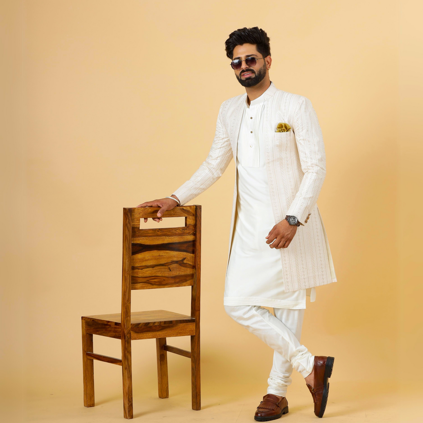 Alluring Thread Embroidered Off-White Open Sherwani for Men | Father Son Combo | Off-White Color |Off-White Sherwani | Perfect for Grooms
