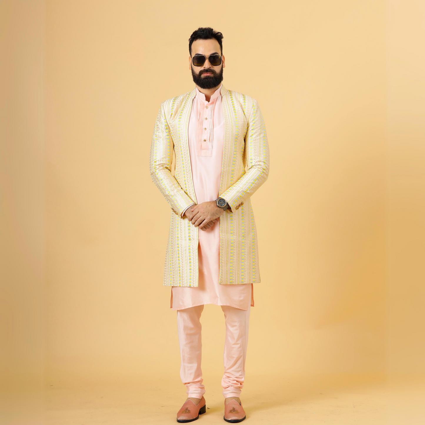 Alluring Pastel Thread Embroidered Cream Open Sherwani with Off-White Kurta Pajama for Men | Father Son Combo |Cream Sherwani | Perfect for Grooms