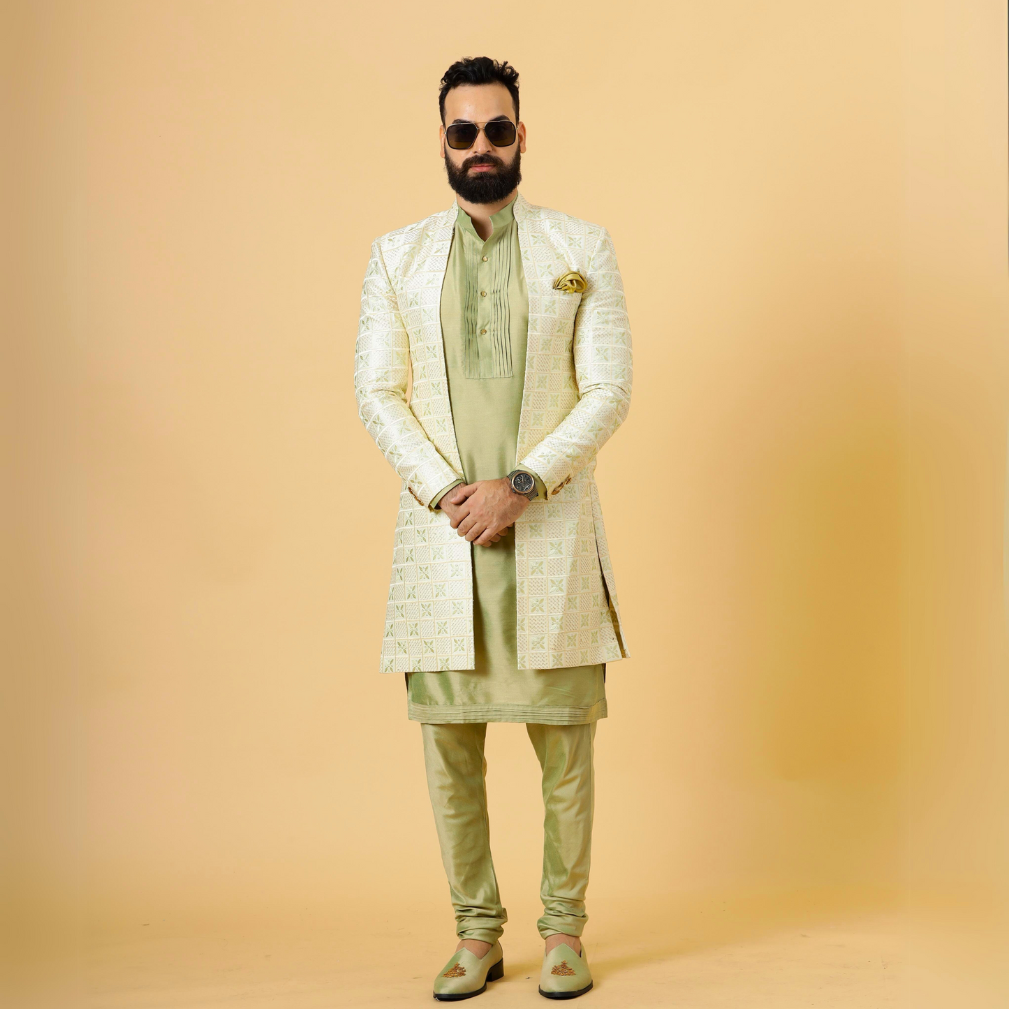 Alluring Cream Geometrical thread embroidered Open Sherwani with Lime Green Kurta-Pajama for Men | Father Son Combo |Cream Sherwani | Perfect for Grooms