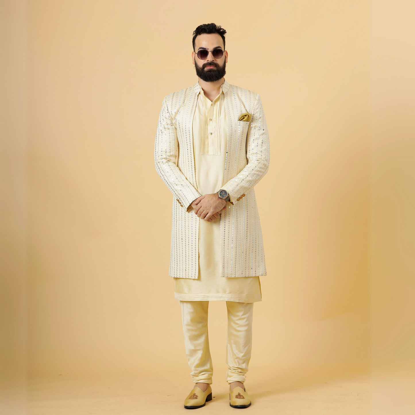 Alluring Mirror Embroidered Cream Open Sherwani with Cream Kurta Pajama for Men | Father Son Combo |Cream Sherwani | Perfect for Grooms