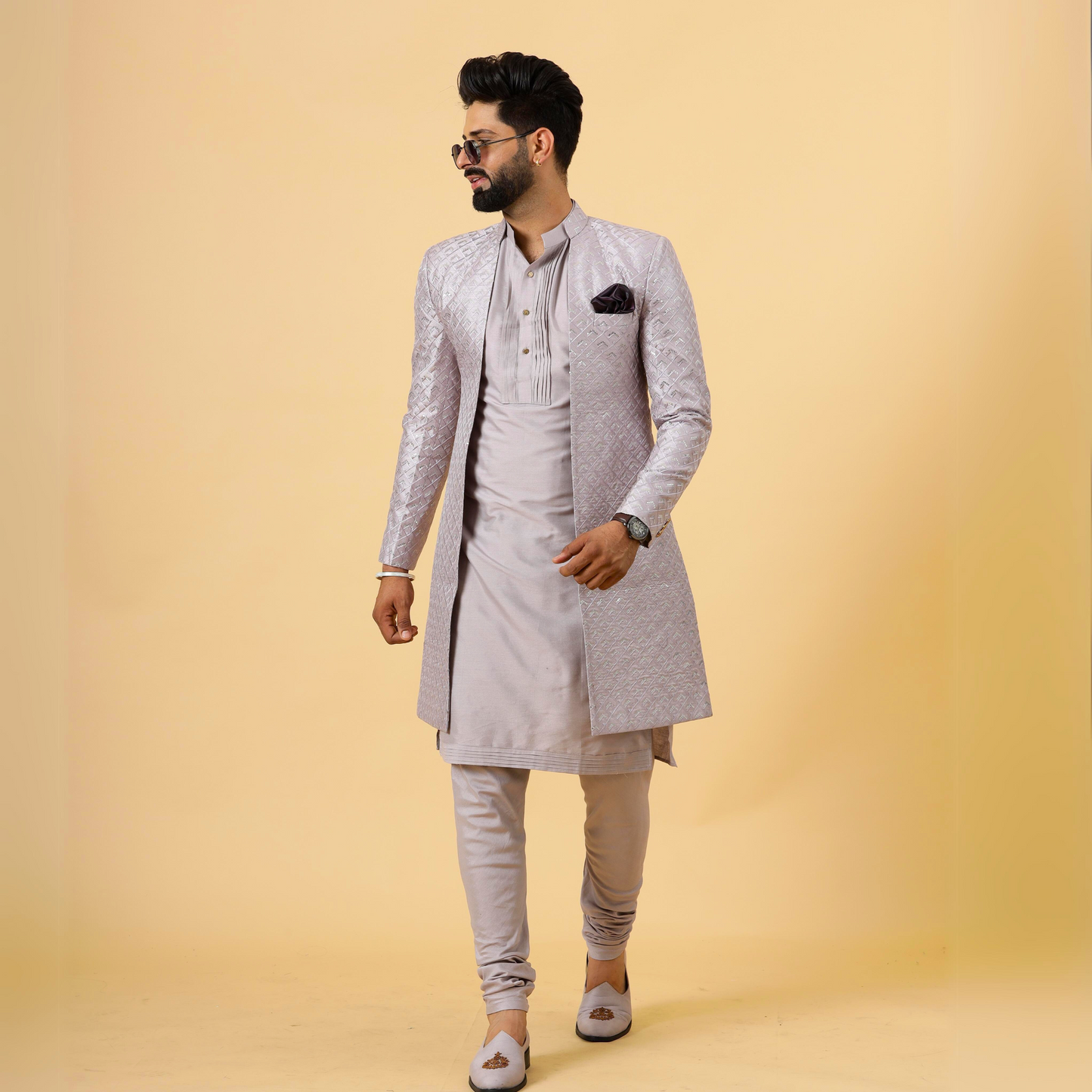 Handmade Lilac Geometrical Sequin Embroidered Open Sherwani with Lilac Kurta-Pajama for Men | Father Son Combo | Lilac Sherwani | Perfect for Grooms