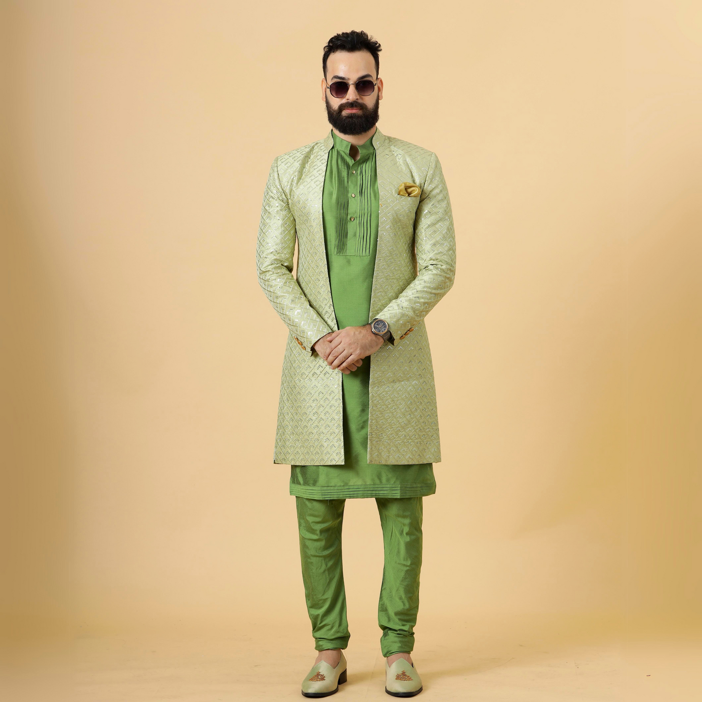 Handmade Lime Green Geometrical Embroidered Open Sherwani with Green Kurta Pajama for Men | Father Son Combo |Lime Green Sherwani | Perfect for Grooms