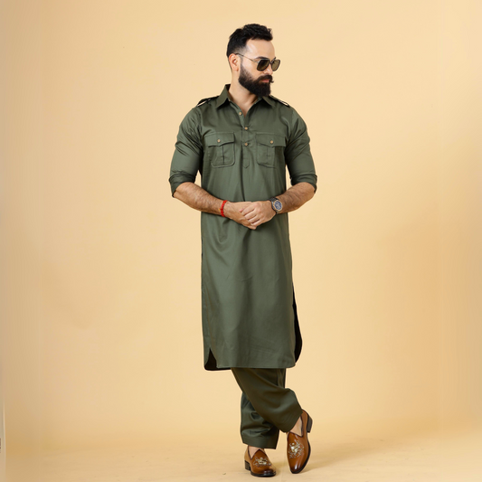 Classy Olive Green Pathani Kurta-Salwar Set