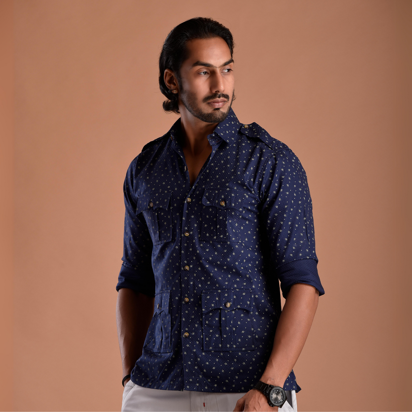 Sapphire Blue Hunting Style Cotton printed Shirt