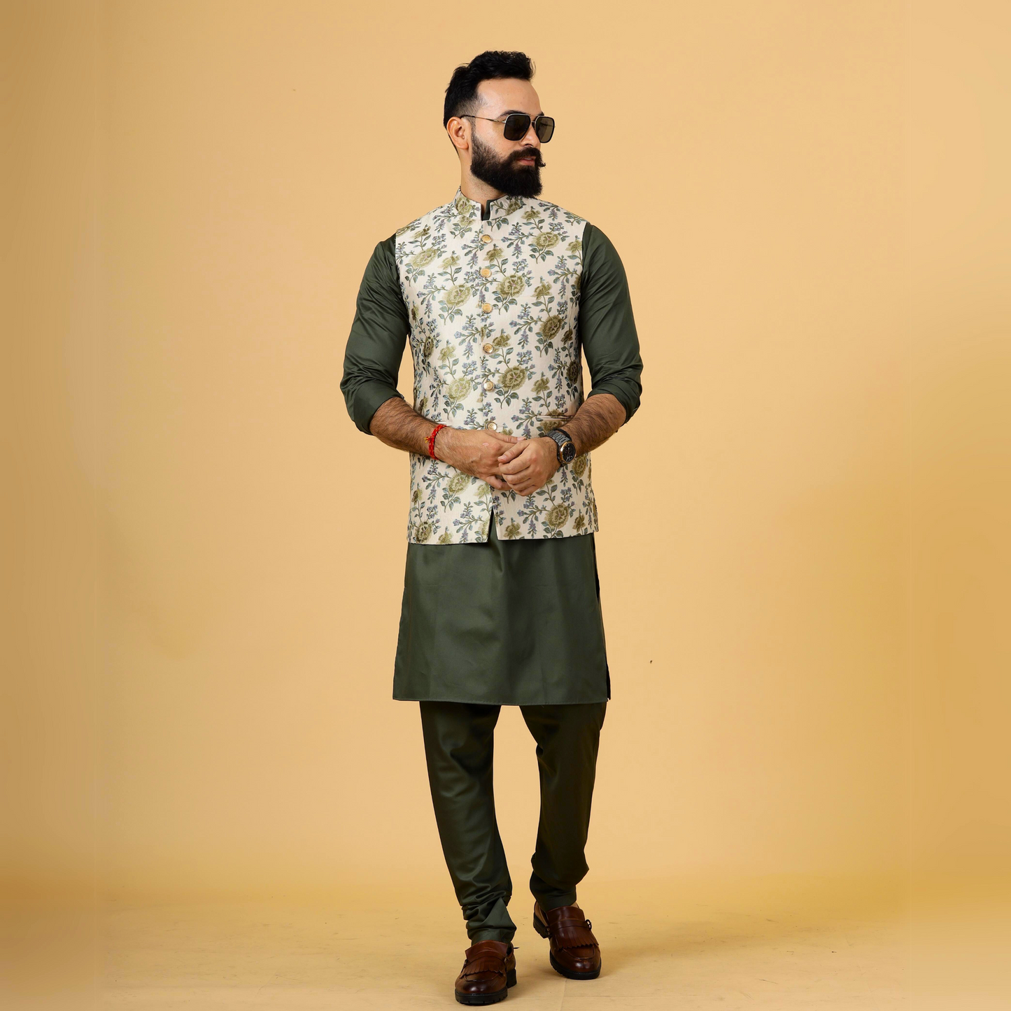 Olive Green Kurta Pajama Set With Banarasi Embroidery Fawn Color Nehru Jacket