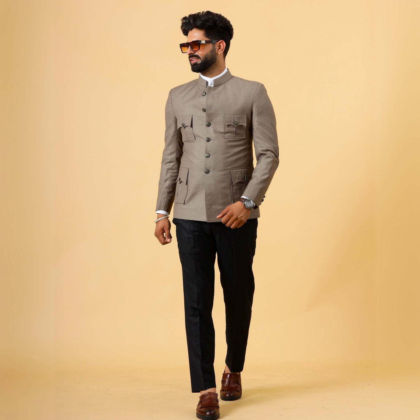 Bespoke Mink Brown Jodhpuri Bandhgala with patch elbow detail for Men | Black Trouser |