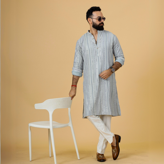 Alluring Grey Dual Color Mirror Embroidered Kurta-Pajama for Men