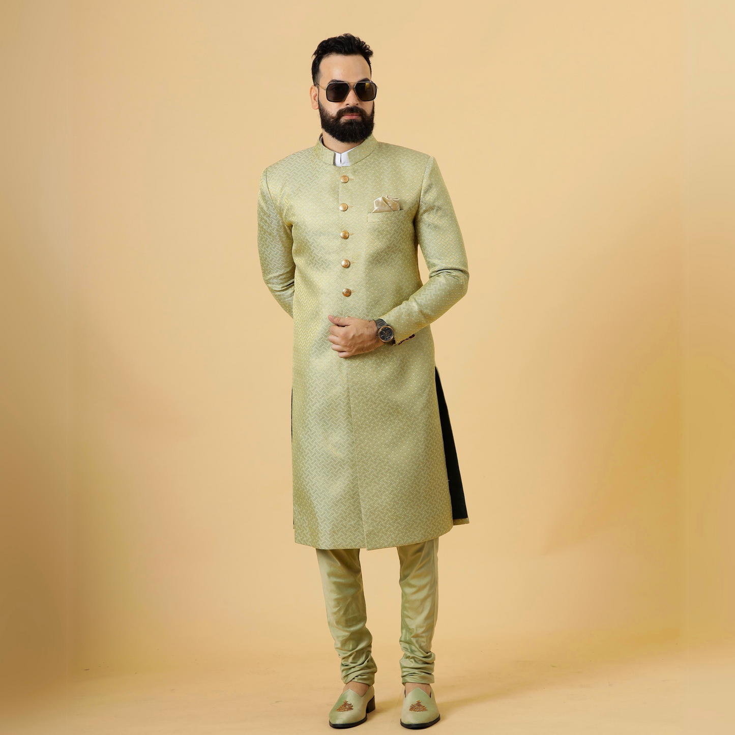 Stunning Lime Gold Banarasi Brocade Achkan for Men | Father Son Combo | Perfect for Grooms