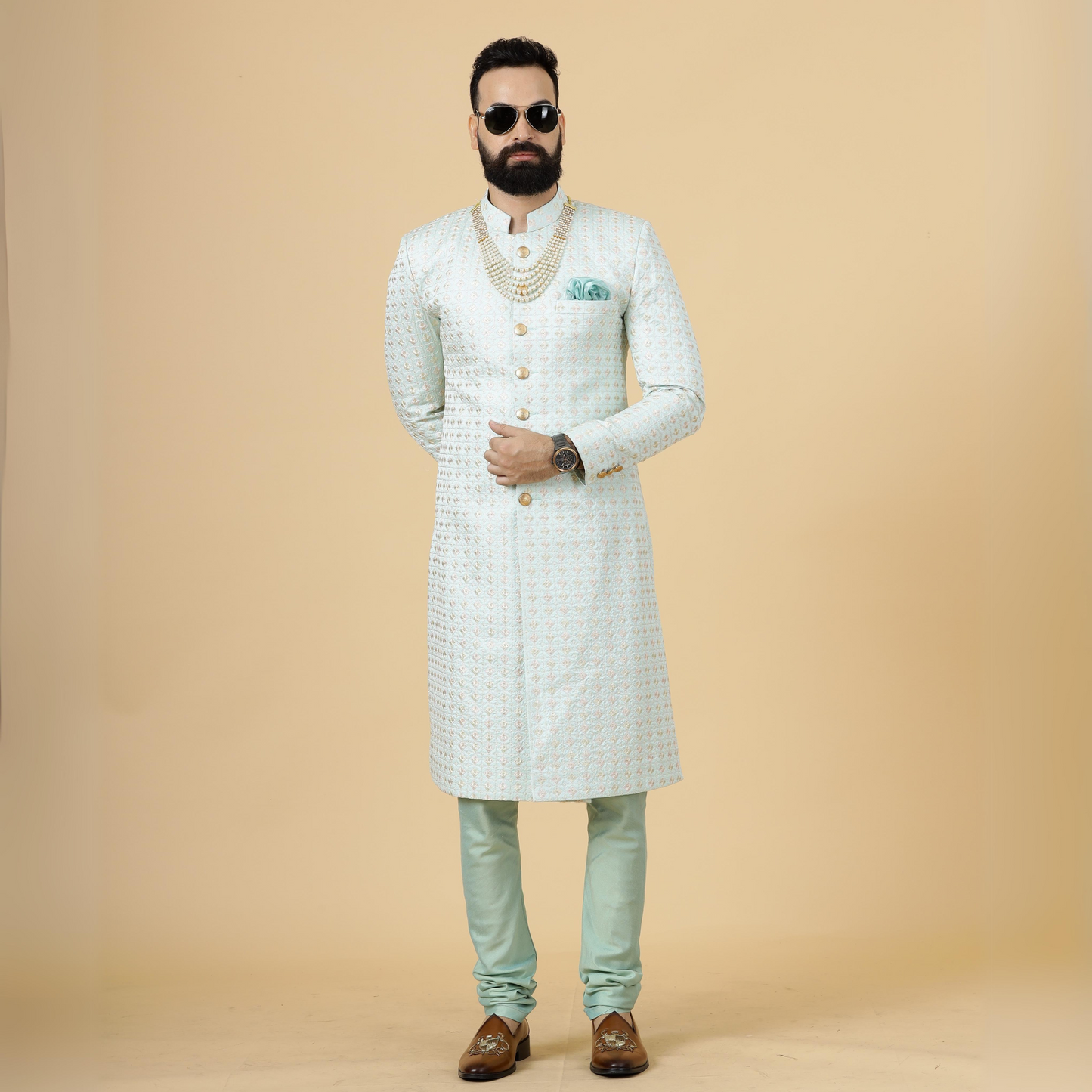 Alluring Mint Green Floral thread embroidered Sherwani for Men | Father Son Combo |Perfect for Grooms