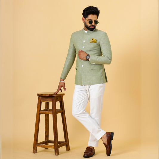 Bespoke Fern Green Linen Jodhpuri Bandhgala Suit For Men | White Trouser |