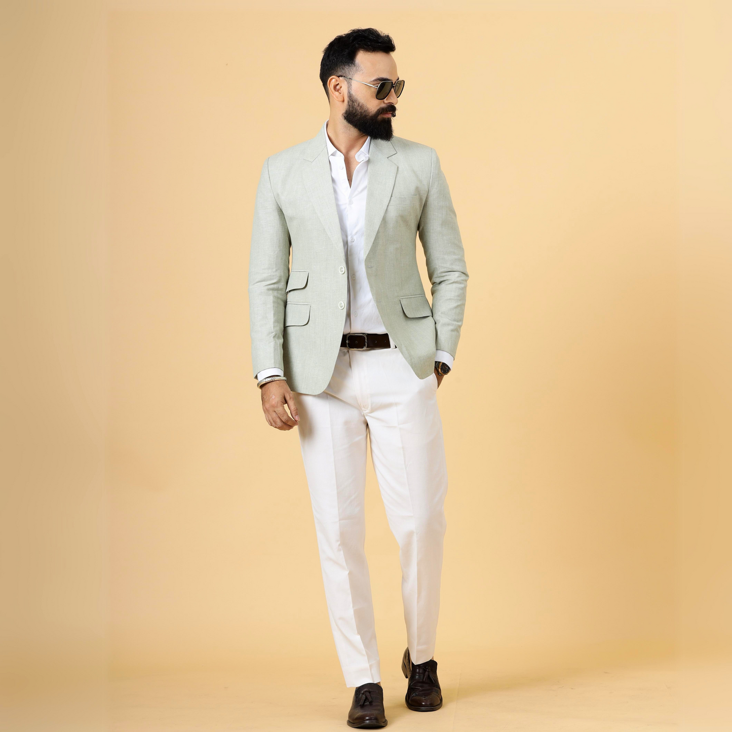 Classy Tea Green Linen 2-Piece Suit for Men | White Trouser |