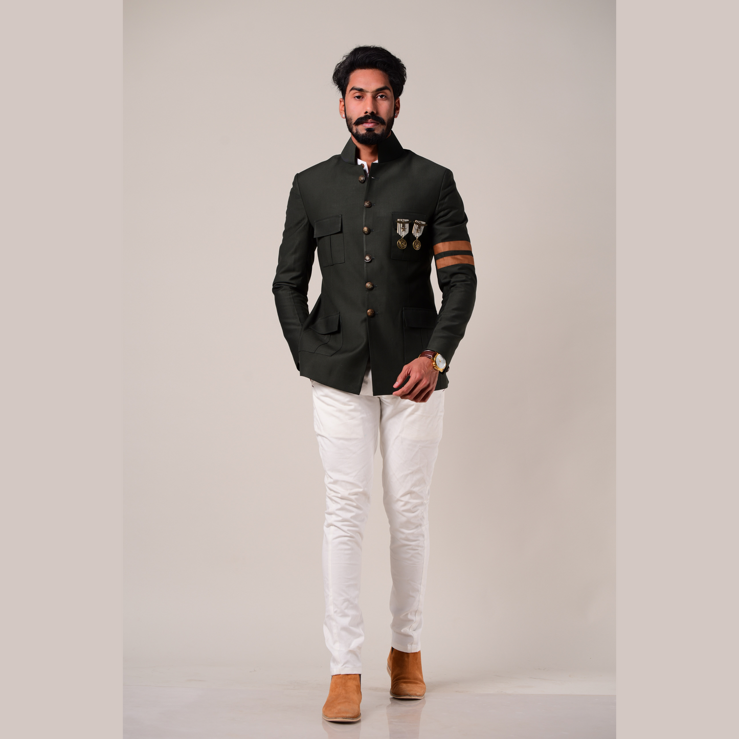 Dark Green Jodhpuri Bandhgala With White Trouser