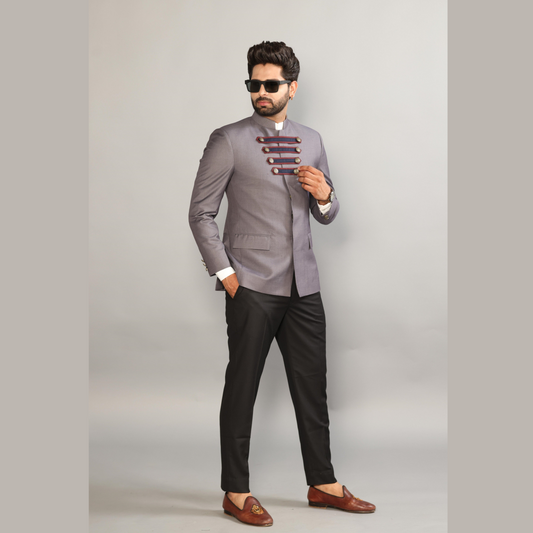 Silver Grey Jodhpuri Blazer with Strap Lock Pattern | Black Trouser |