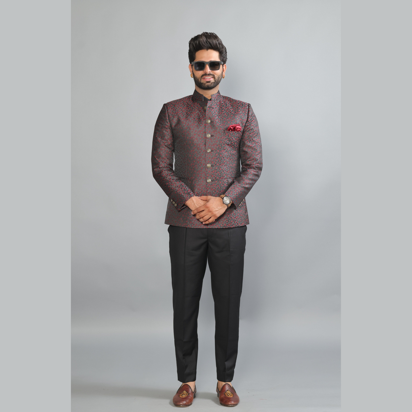 Floral Embroidered Jacquard Jodhpuri Bandhgala with Black Trouser