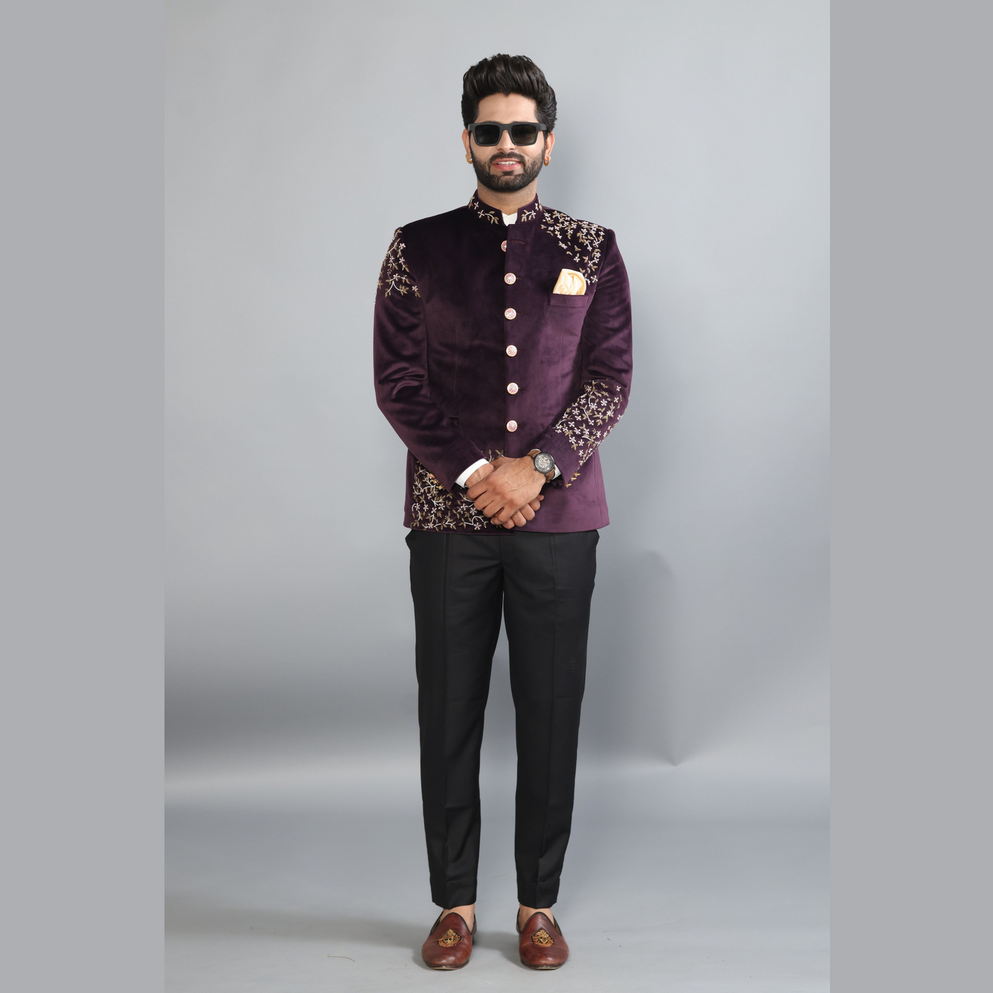 Hand Embroidered Mulberry Velvet Maharaja Jodhpuri Bandhgala Jacket With Handmade Stonework Buttons