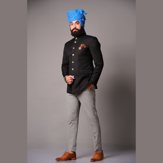 Maharaja Style Black Jodhpuri Bandhgala Blazer With Grey Trouser