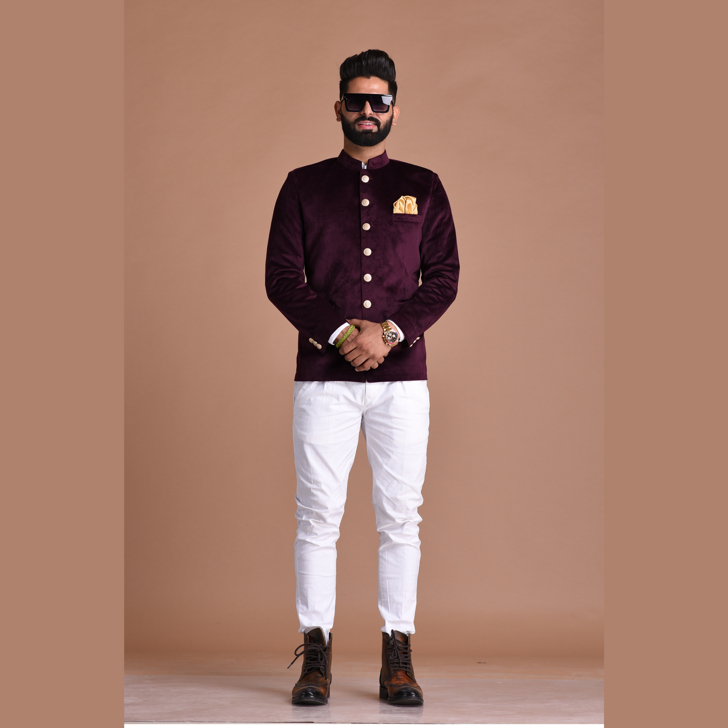 Mulberry Jodhpuri Bandhgala Blazer With White Trouser
