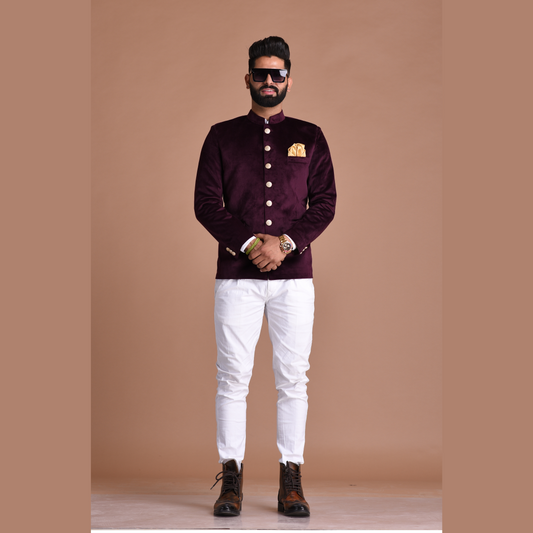 Mulberry Jodhpuri Bandhgala Blazer With White Trouser