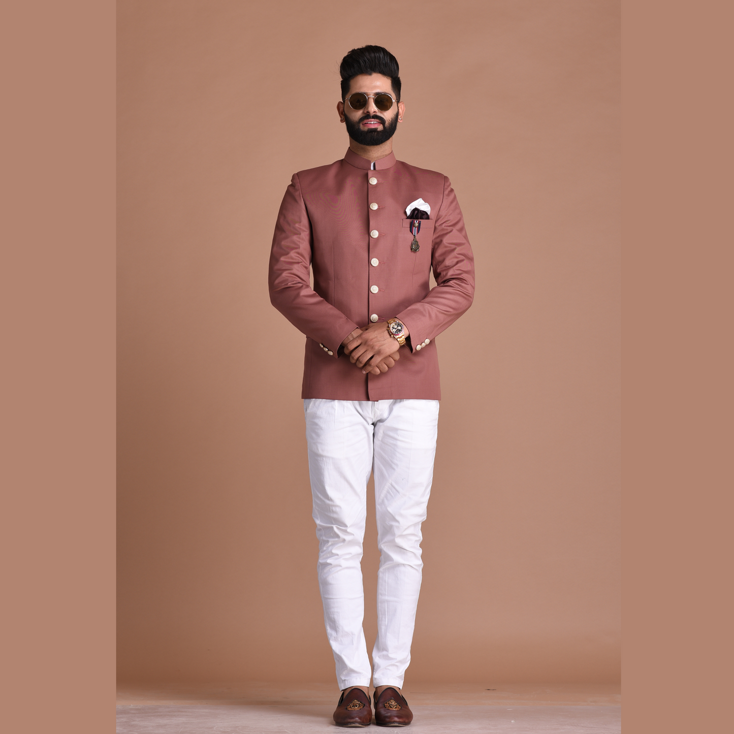Rosewood Bandhgala Jodhpuri Designer Blazer With White Trouser