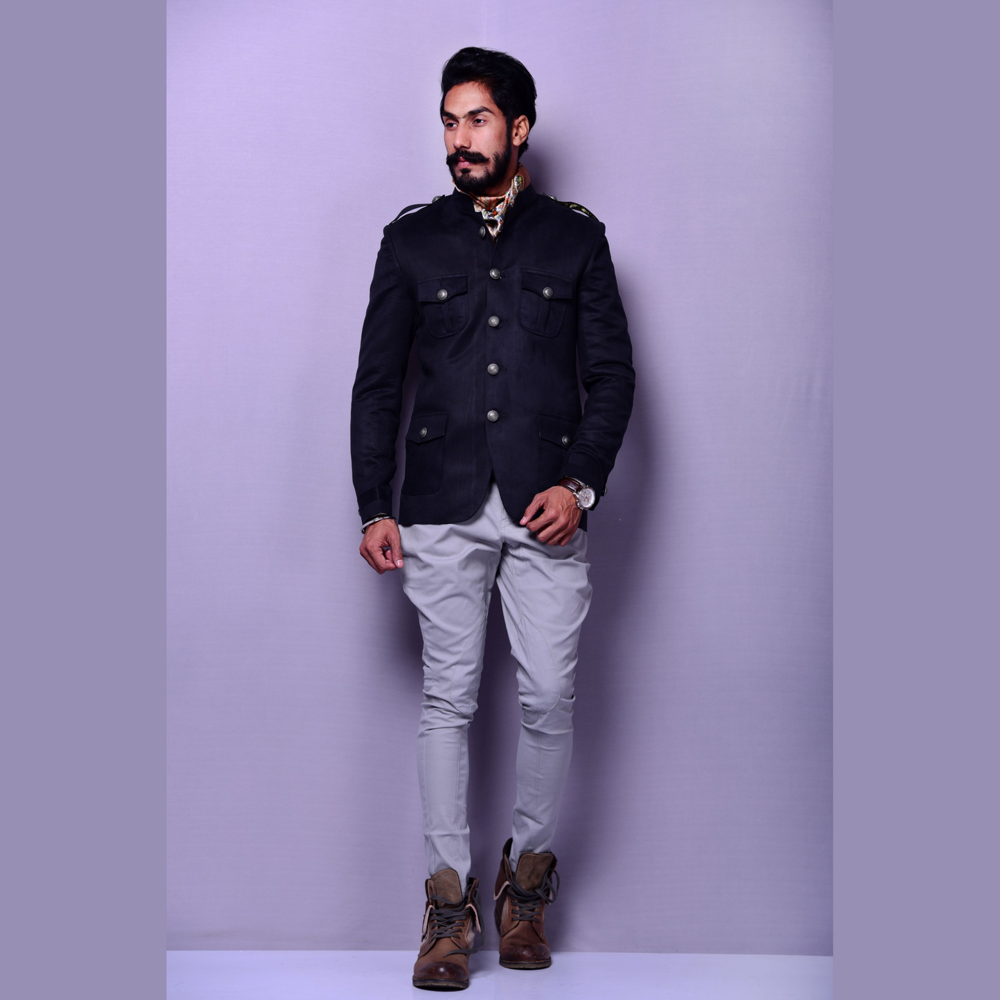 Suede Leather Black Hunting Bandhgala Blazer