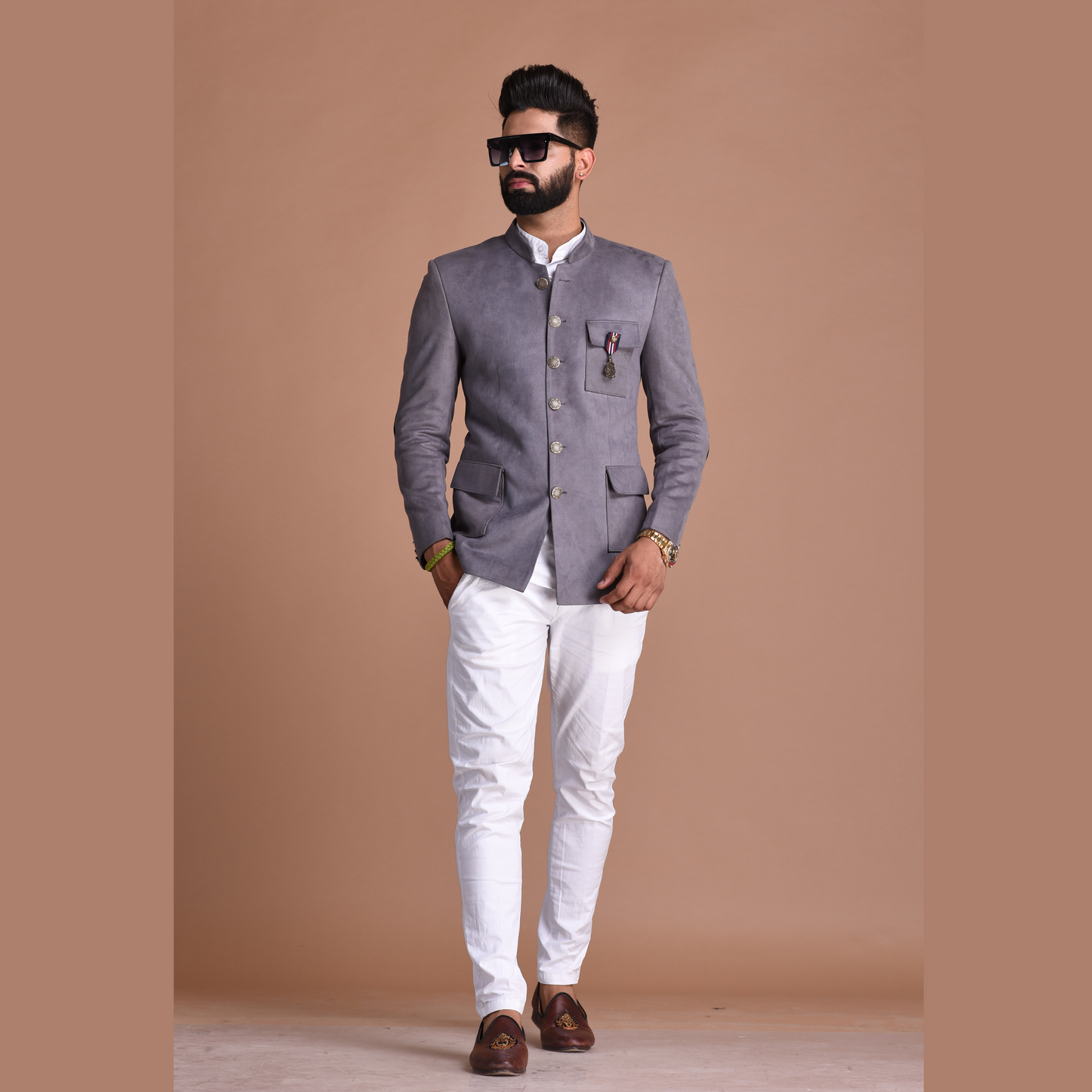Suede Leather Grey Bandhgala Jodhpuri Blazer With White Trouser