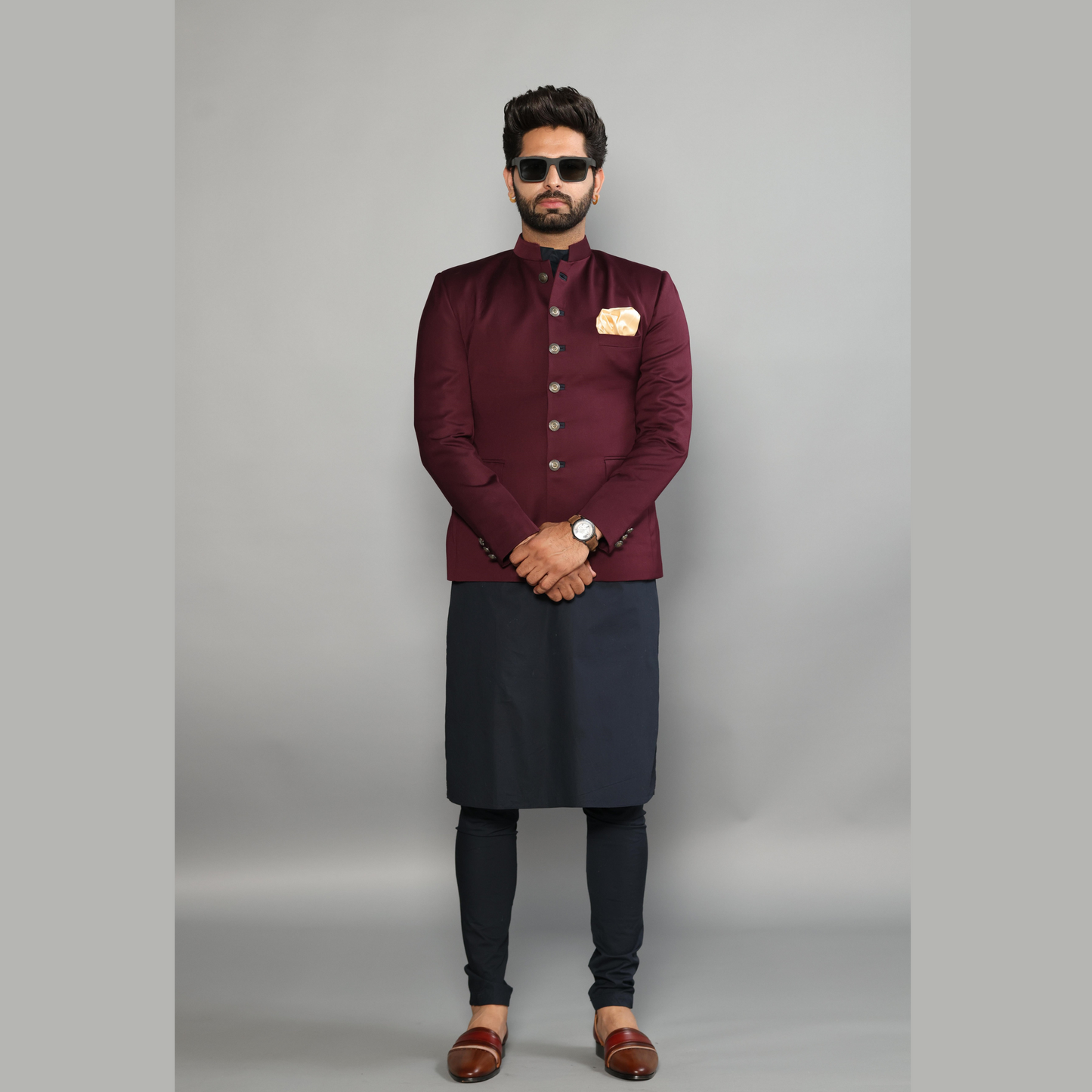 Wine Jodhpuri Bandhgala With Navy Blue Kurta Pyjama