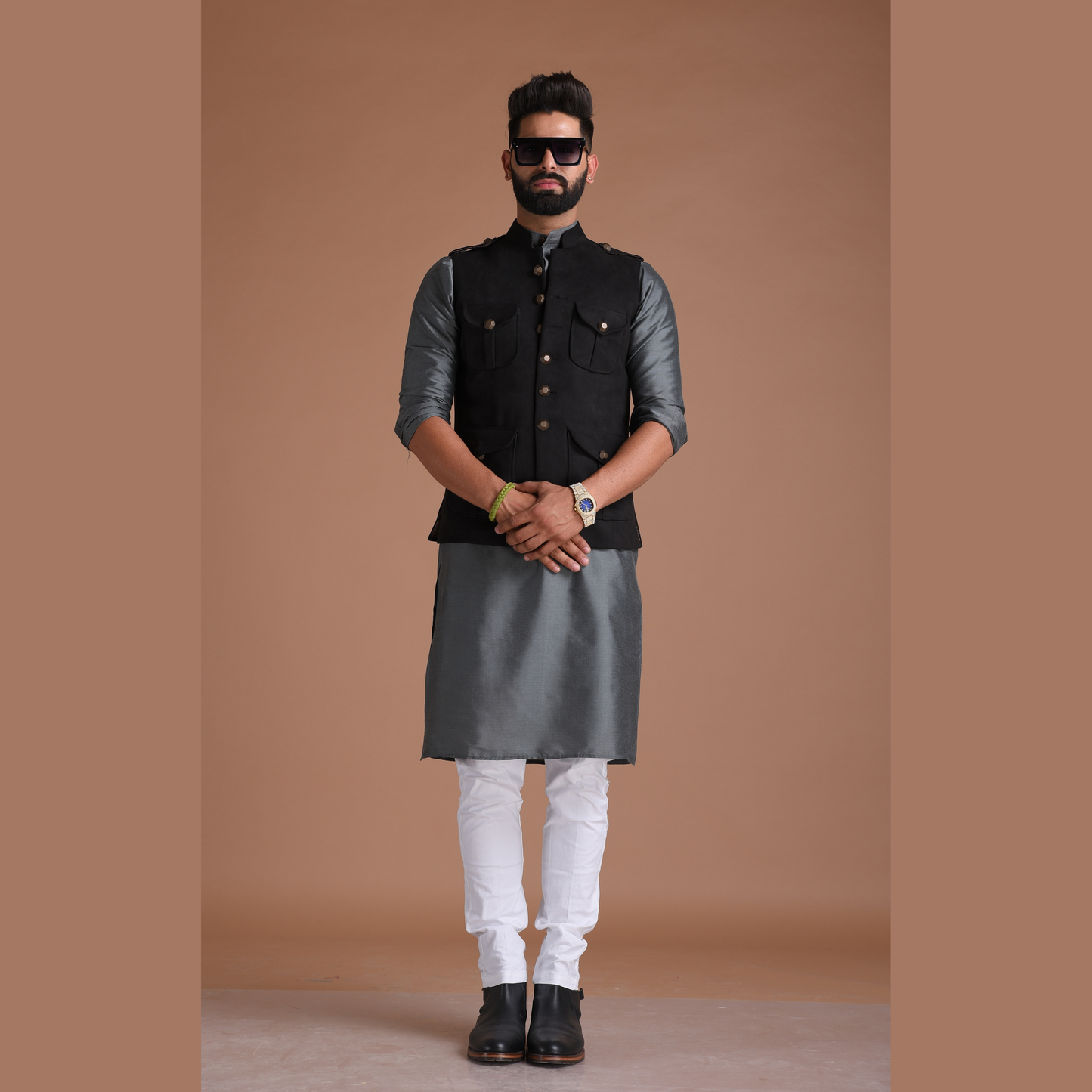 Black Faux Suede Leather Half Hunting Style Jacket with Kurta Pajama Set