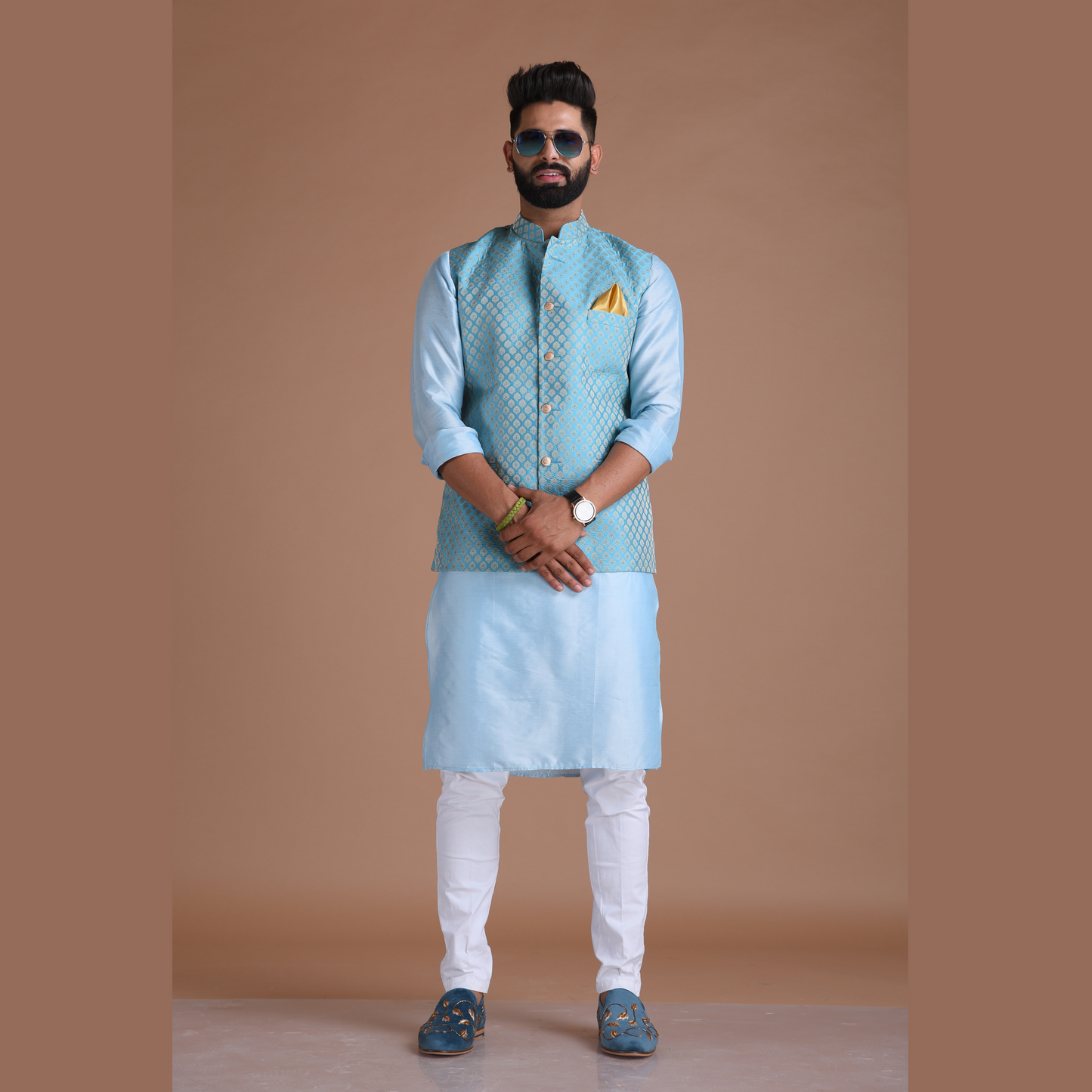 Booti Pattern Cyan Color Designer Half Nehru Jacket With Kurta Pajama