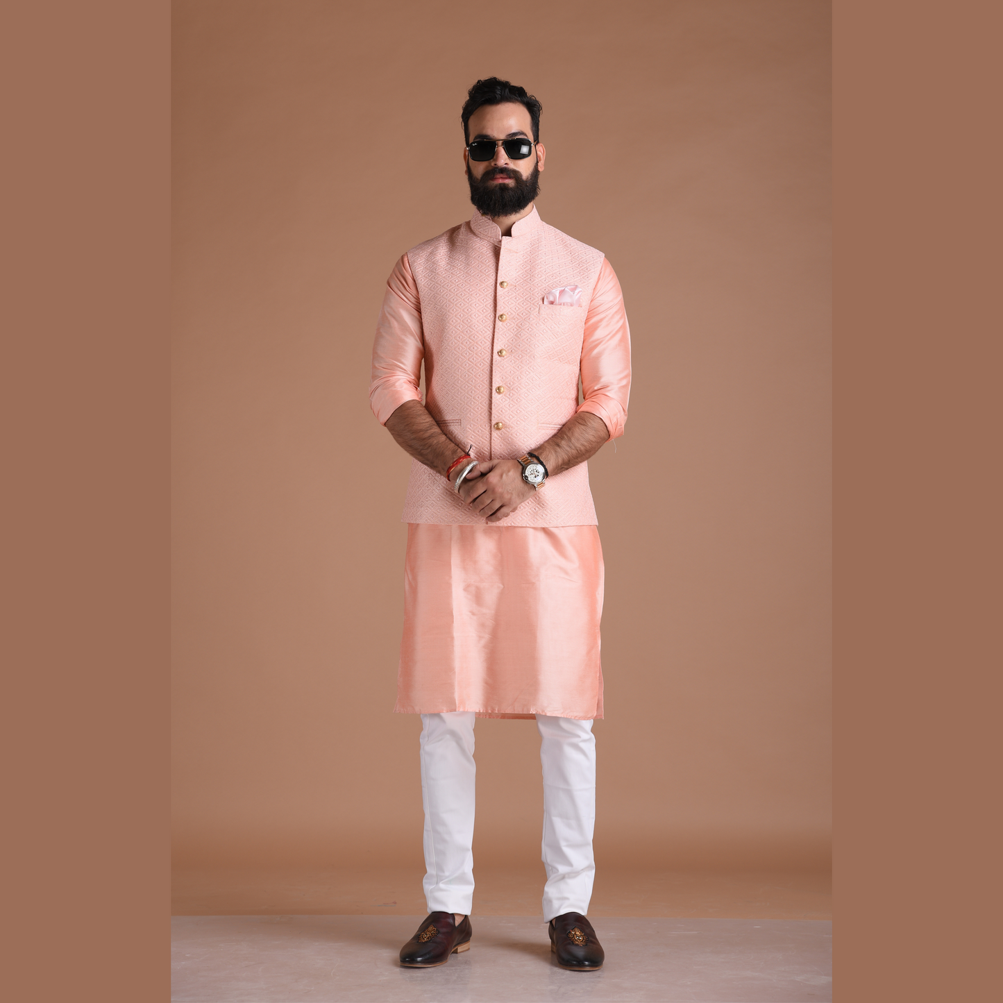 Alluring Pink Embroidered Half Jodhpuri Jacket with Kurta Pajama Set