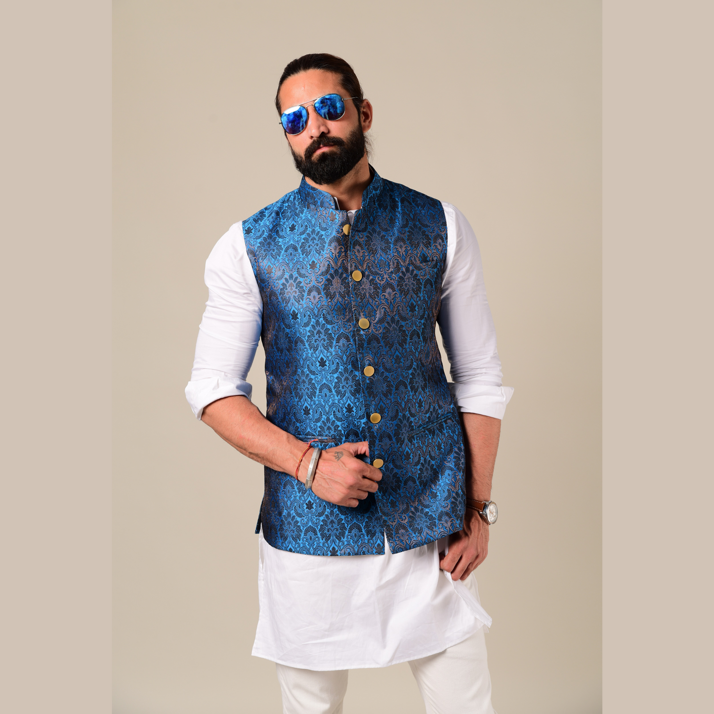 Elegant White Kurta Pajama with Cobalt Blue Nehru Modi Jacket