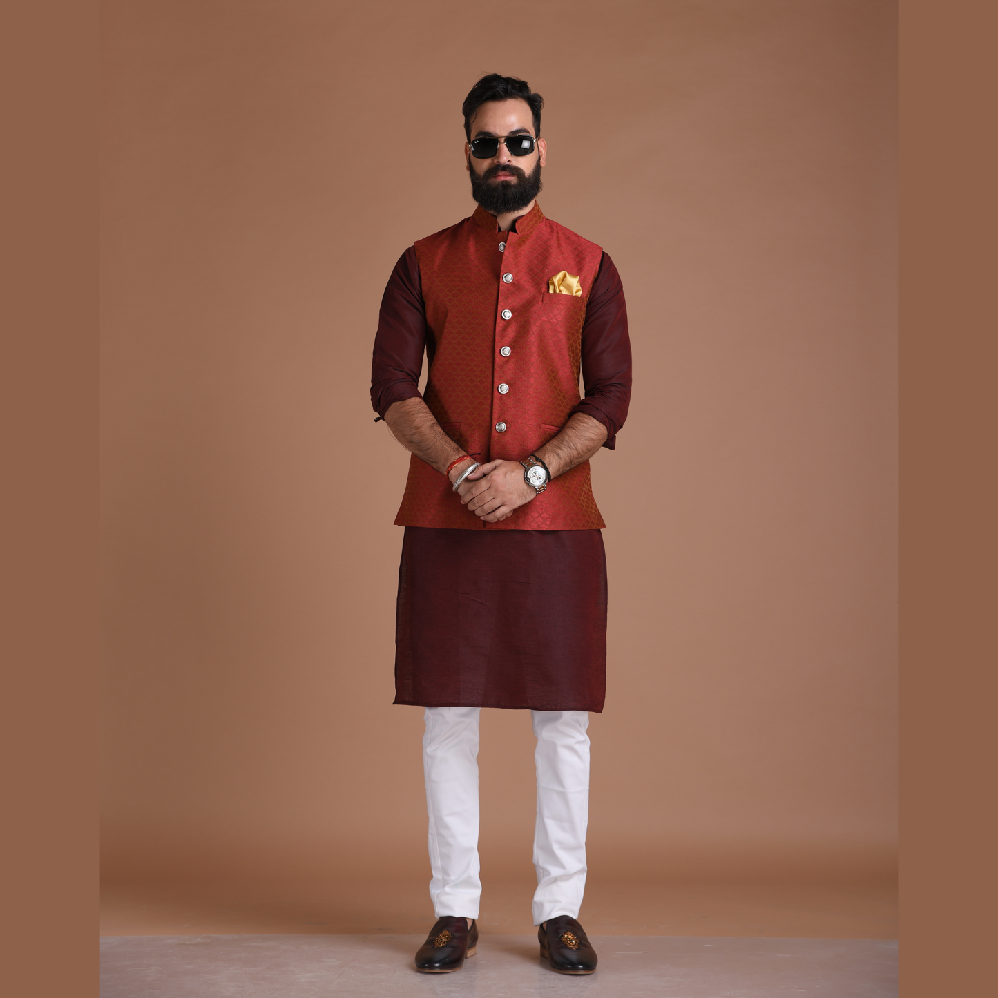 Embroidered Pattern Dark Red Half Jodhpuri Designer Jacket With Kurta Pajama