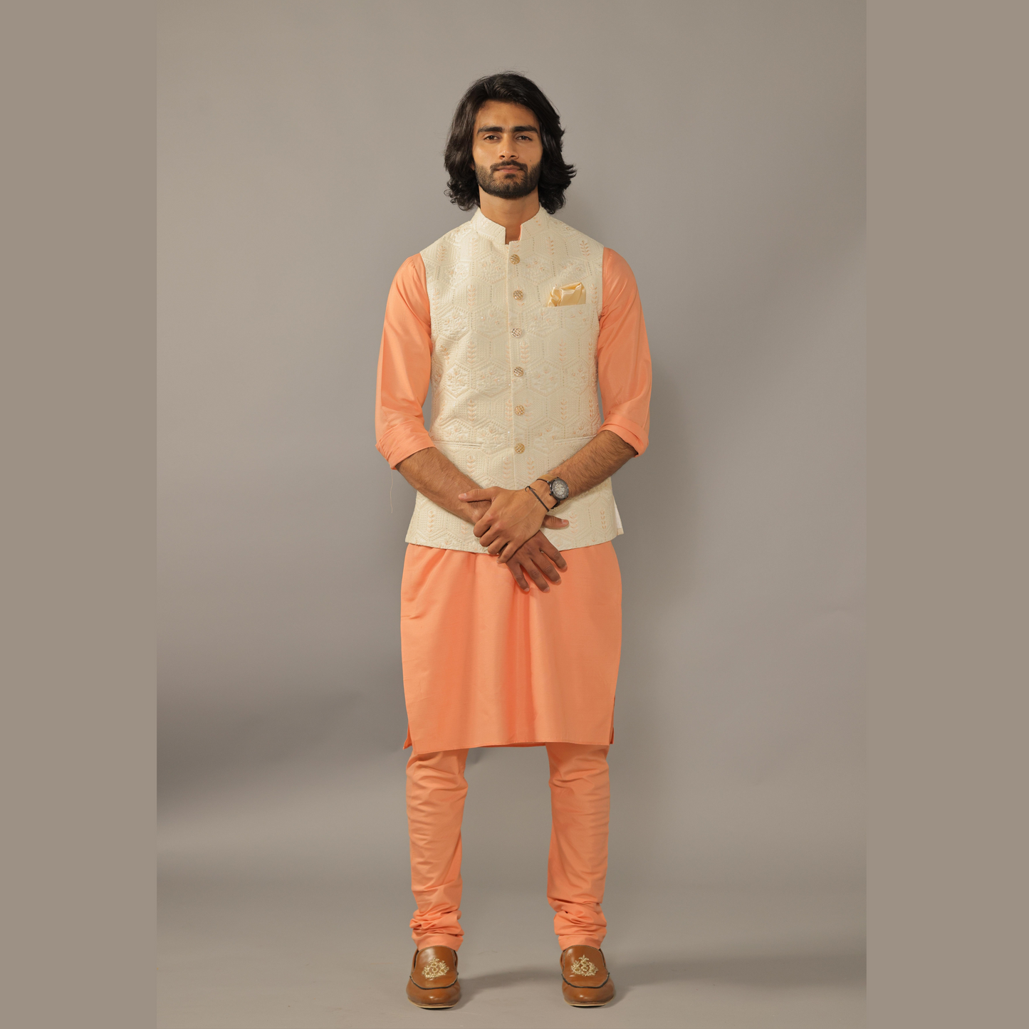 Geometrical Pattern Embroidery Nehru Jacket with Melon Orange Kurta Pajama Set -Handcrafted