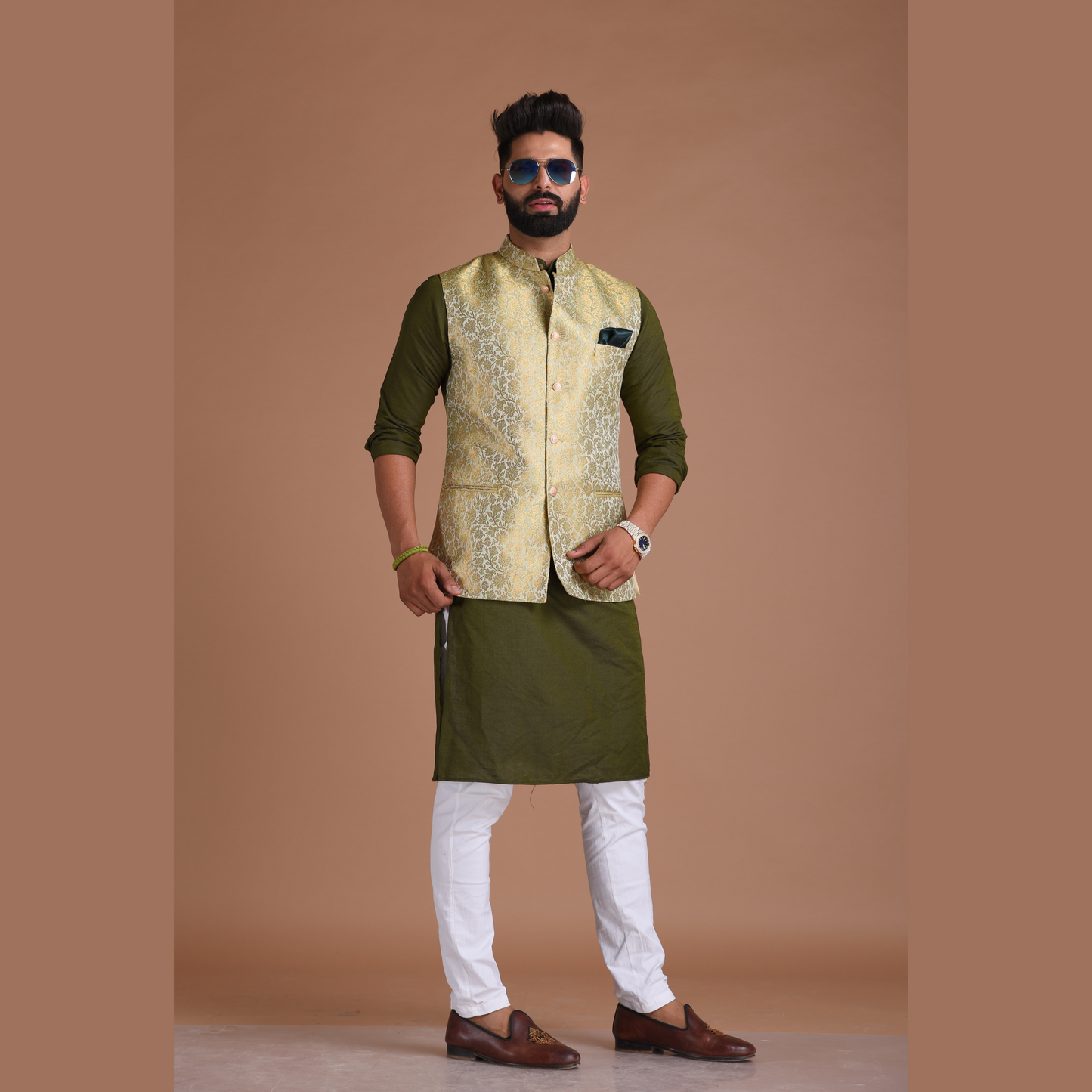 Golden Green Brocade Silk Jodhpuri Jacket With Kurta Pajama
