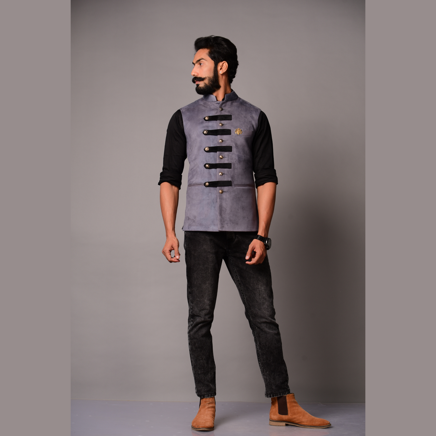 Grey Suede Leather Cross Breasted Half Jacket