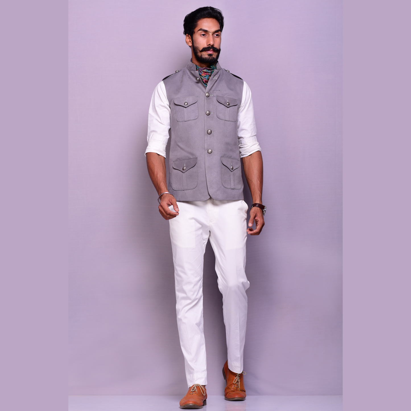 Grey Suede Leather Semi Hunting Jacket