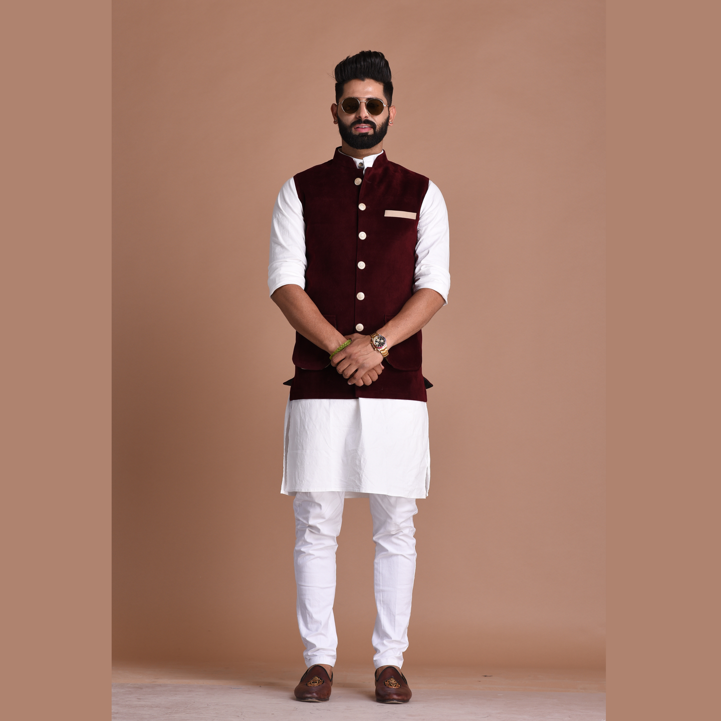 Handmade Elegant Maroon Velvet Nehru Modi Jacket with Kurta Pajama Set