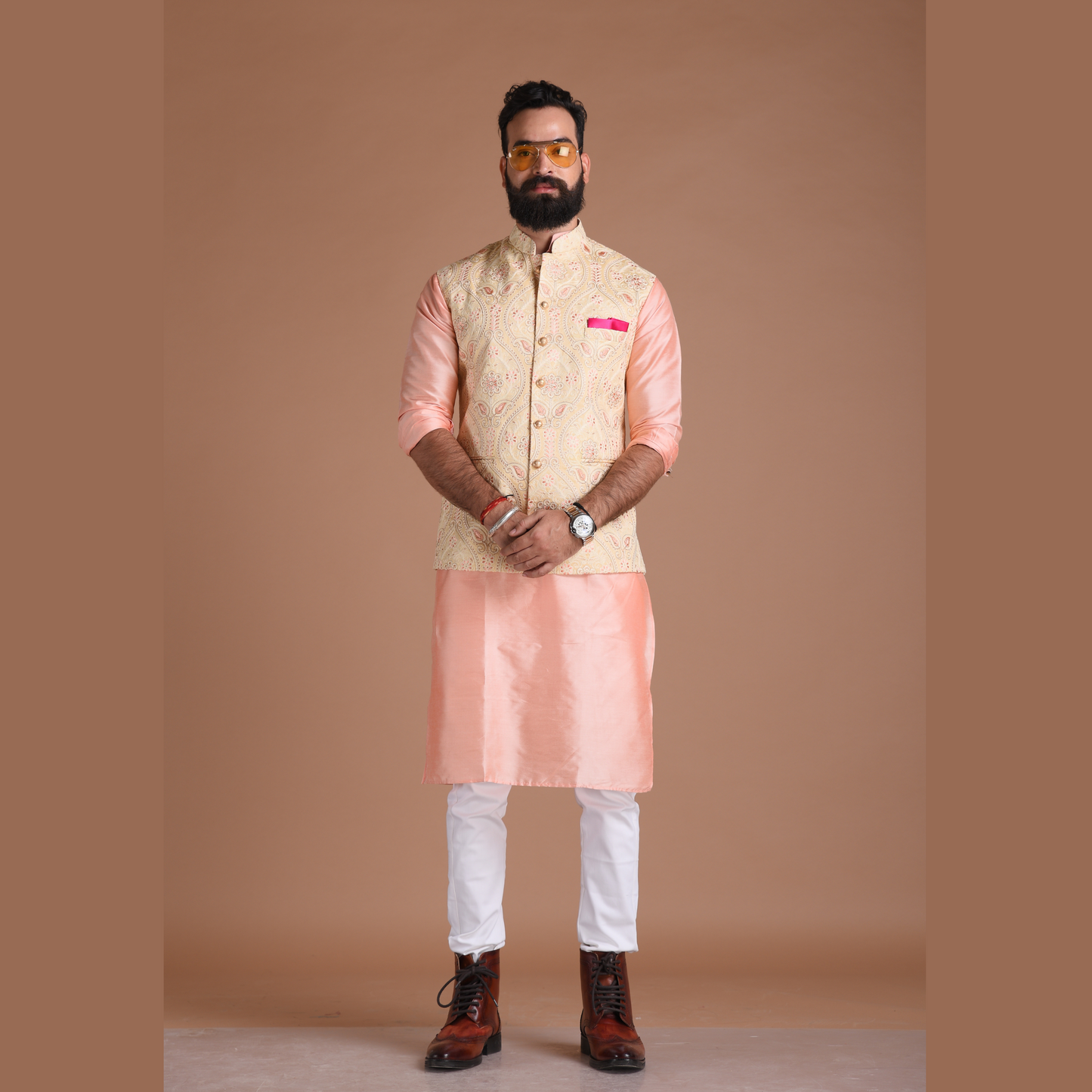 Heavy Lakhnawi Chikankaari Cream Nehru Jacket With Silk Kurta Pajama