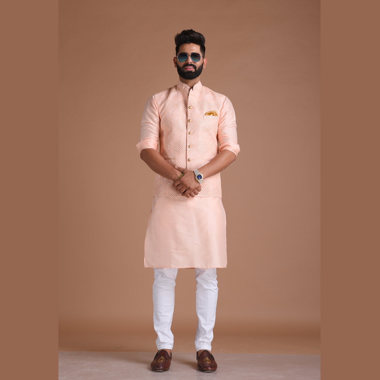 Heavy Lucknowi Chikankaari Pink Nehru Jacket With Kurta Pajama Set