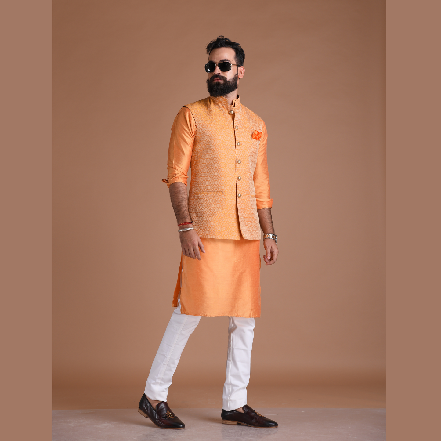 Kesari Color Brocade Half Jodhpuri Jacket With Kurta Pajama