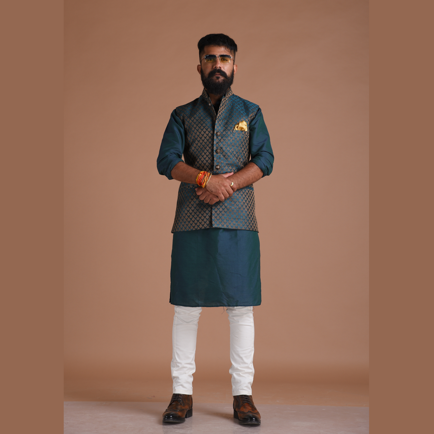 Leaf Pattern Dark Green Brocade Half Jodhpuri Jacket With Kurta Pajama