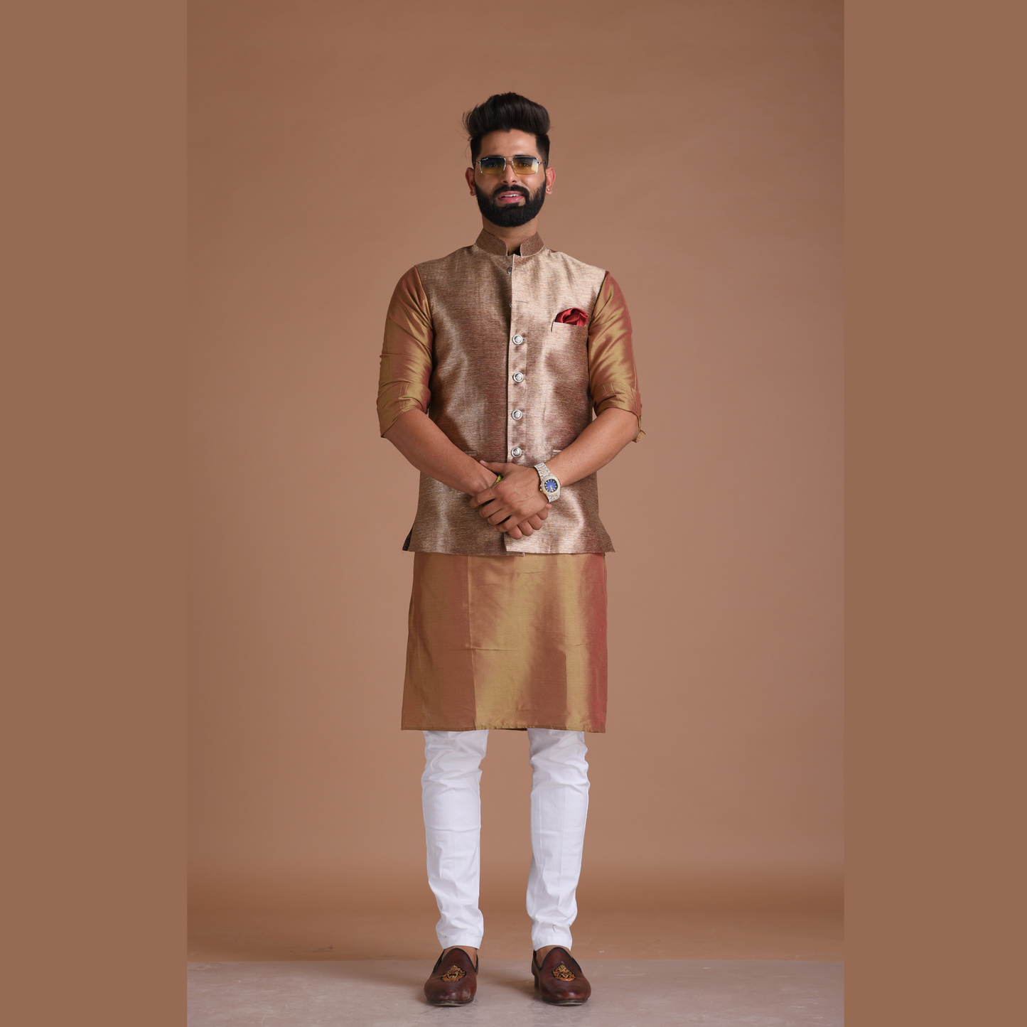 Maharaja Style Handmade Kim-Khab Half Jodhpuri Jacket With Kurta-Pajama