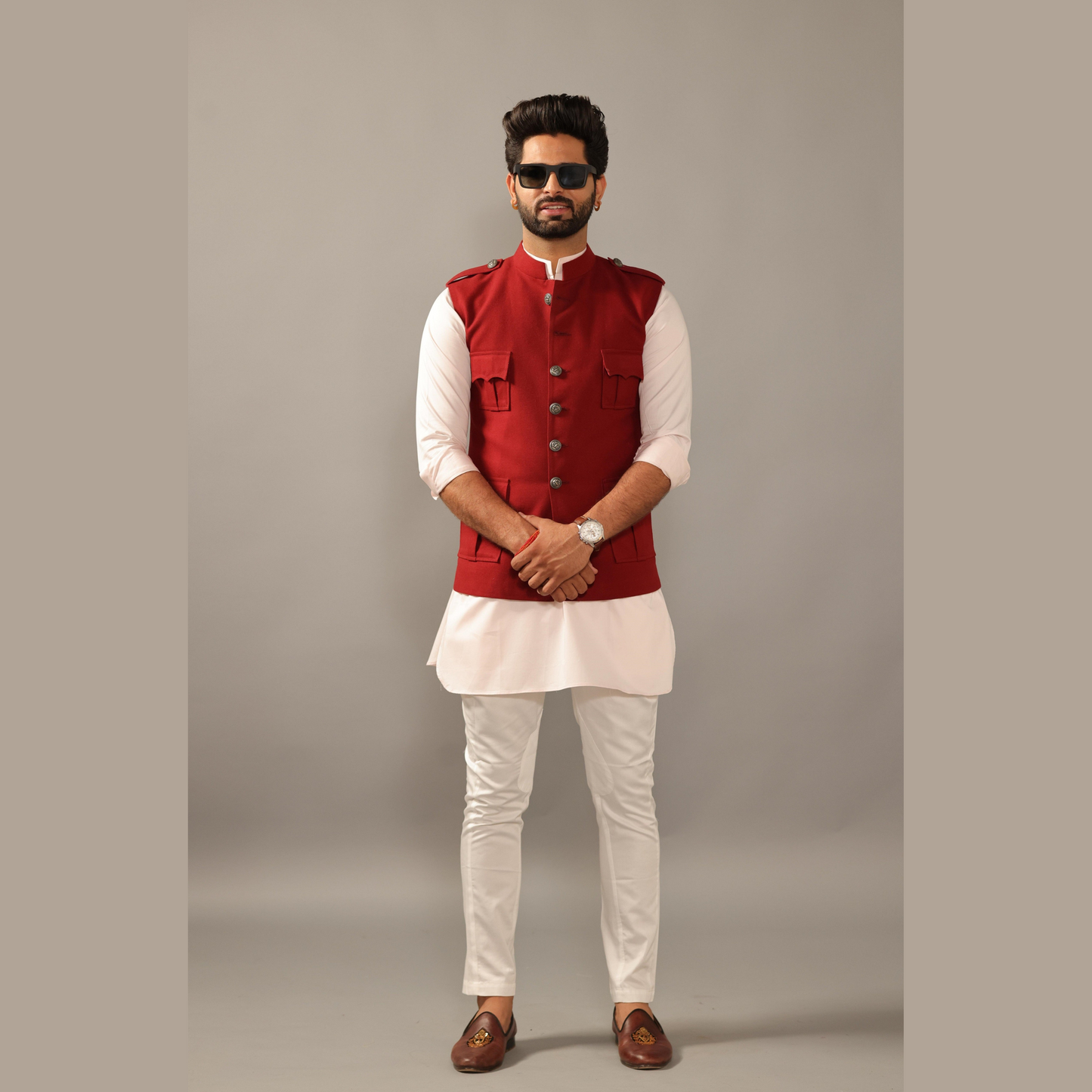 Maroon Hunting Style Jacket With White Kurta Payjama-Handcrafted
