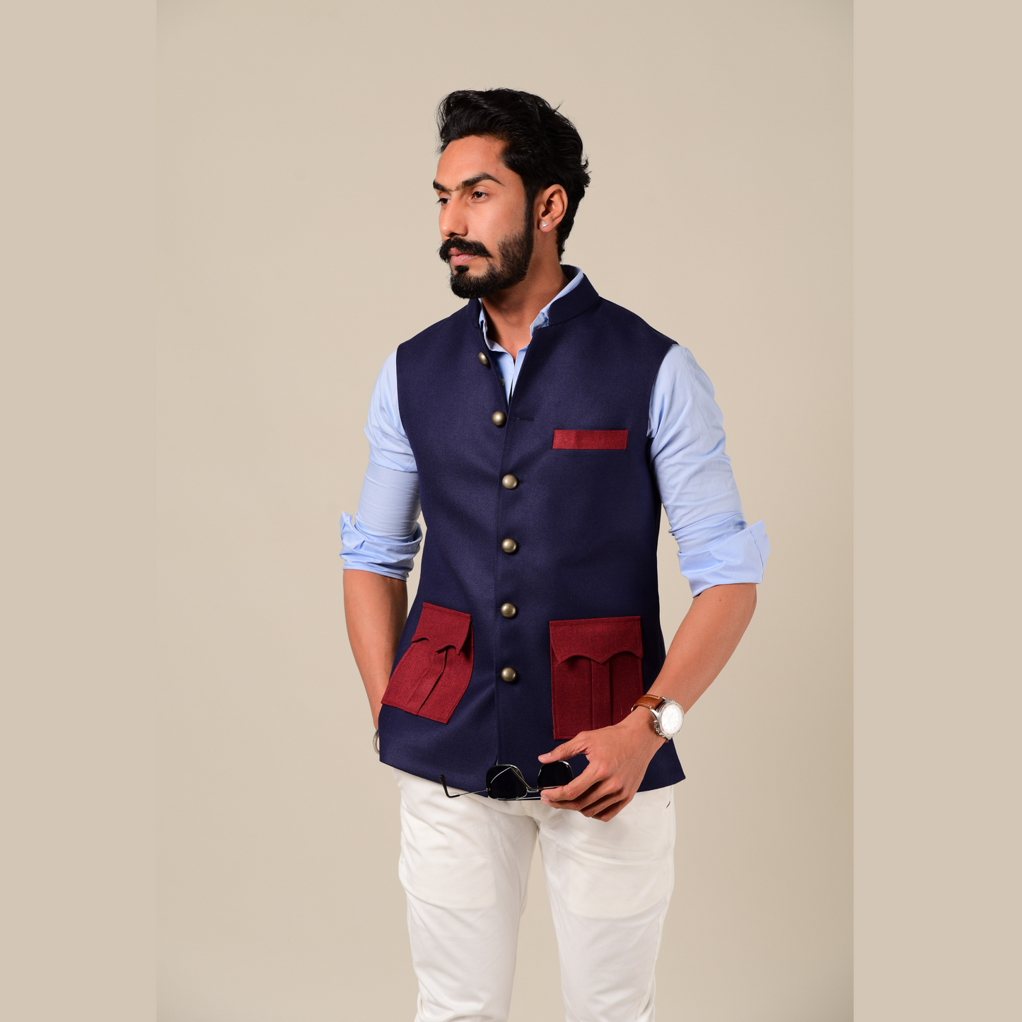 Navy Maroon Tweed Half Hunting Rajputana Jacket