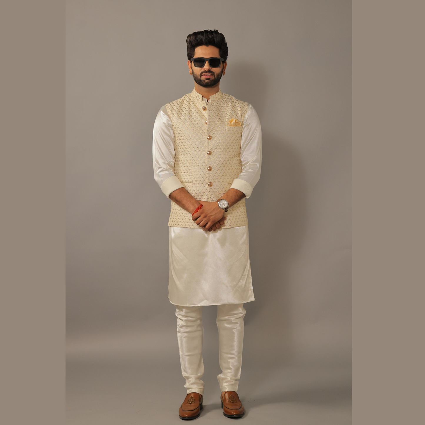 Off White Kurta Payjama Set With Diamond Printed embroidery Jacket -Handcrafted