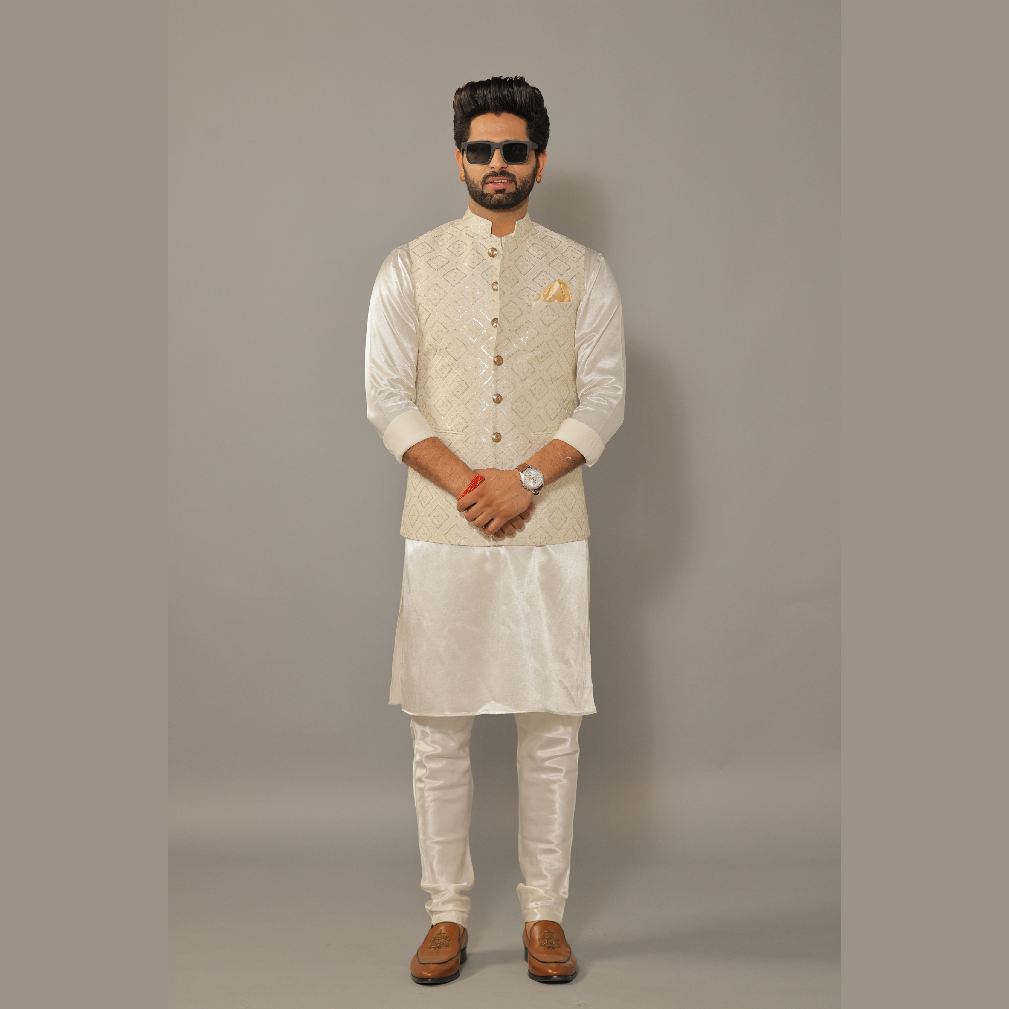 Off-White Kurta Pajama Set with Luckhnawi Embroidery White Color