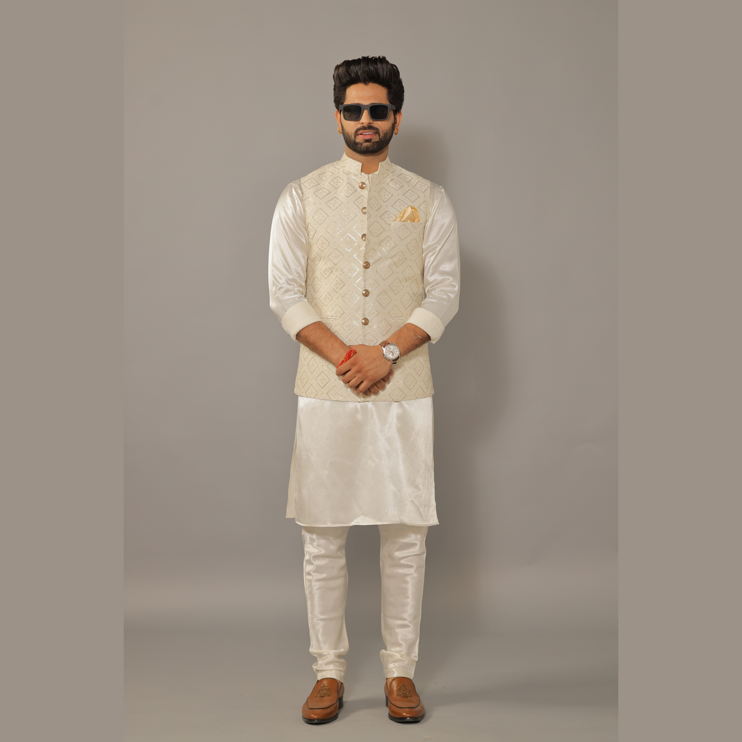 Off-White Kurta Pajama Set with Luckhnawi Embroidery White Color Nehru Jacket - Handcrafted