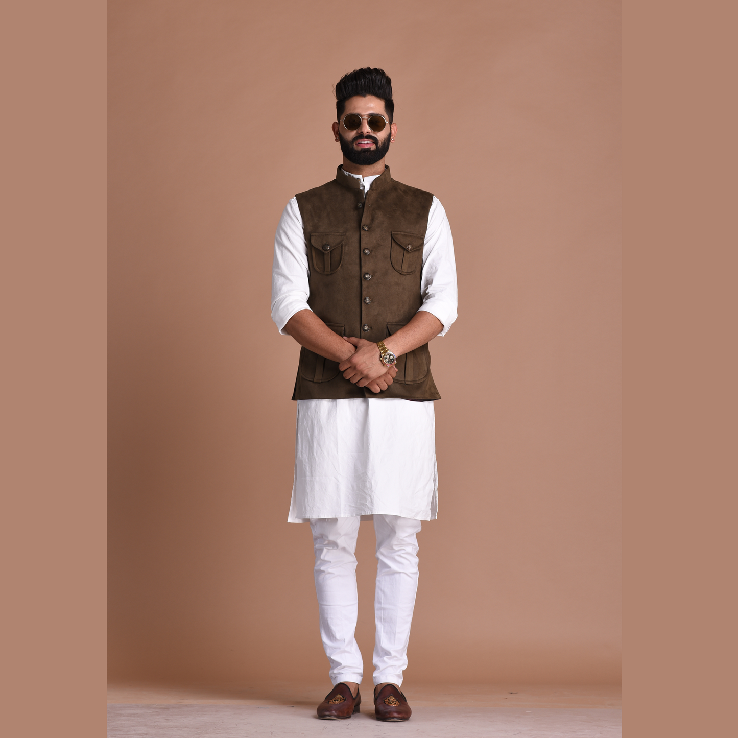 Olive Green Half Jacket In Faux Suede Leather with Kurta Pajama
